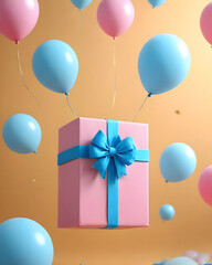 A pink gift box decorated with a blue ribbon, surrounded by blue and pink balloons scattered in the air, on a beige background. Feels elegant, fun and festive.