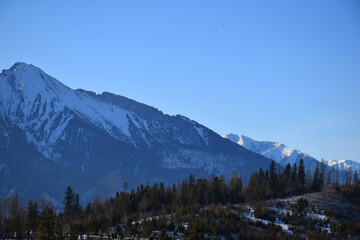 Tatra Mountains, with snow-capped peaks, rise against a clear blue sky, creating a breathtaking and awe-inspiring winter scene. Rugged terrain and steep slopes, untouched natural beauty. 