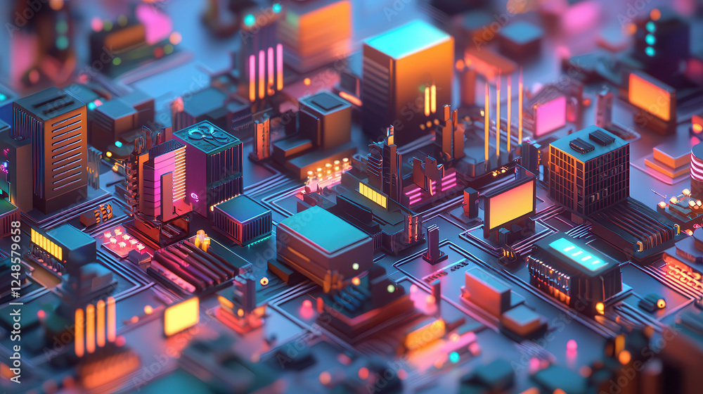 Poster vibrant 3d isometric cityscape with glowing buildings and intricate network patterns, showcasing dyn