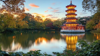 Naklejka premium Illuminated Pagoda on a Calm Lake at Sunset: A Serene Autumn Landscape