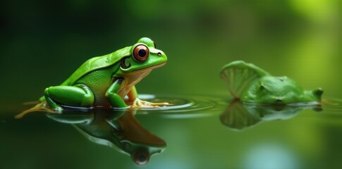 Fototapeta premium Green frog observing its image in still pond water, macro, wildlife photography