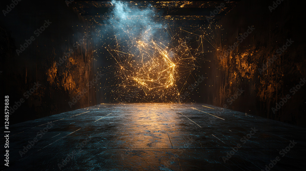 Poster surreal concept of self sustaining ai network in dark room, illuminated by glowing connections and p