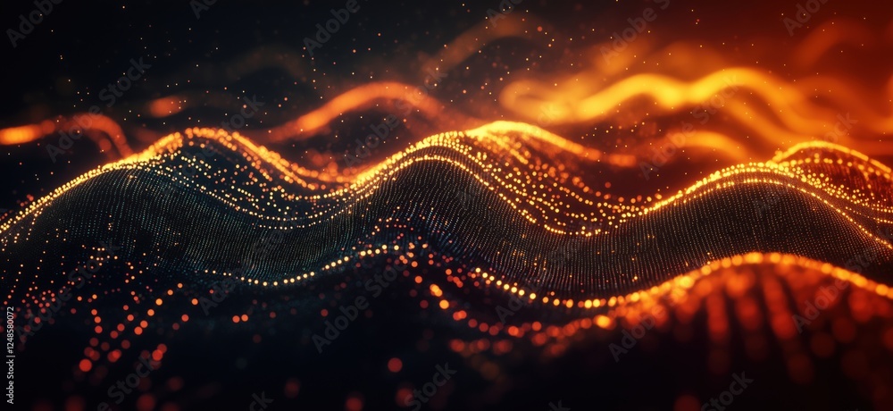 Fototapete Dynamic abstract waves of glowing particles in orange and black background, copy space for text