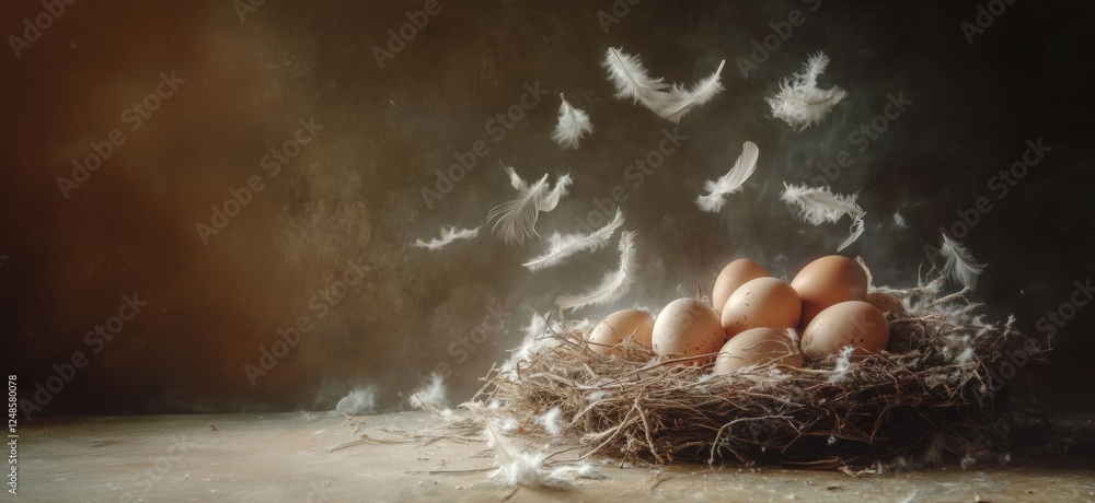 Aufkleber nest with brown eggs surrounded by feathers in soft light, copy space for text