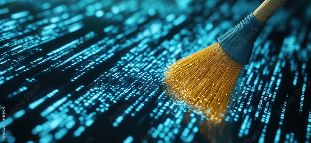 Poster Digital Cleaning with Broom Sweeping Data Stream of Binary Code, copy space for text