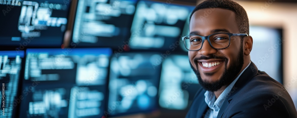 Poster smiling african american man in business attire working with multiple computer screens displaying da