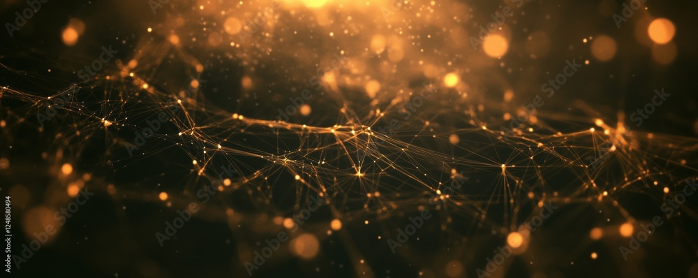 Poster abstract golden network of interconnected nodes and glowing particles in dark background, copy space