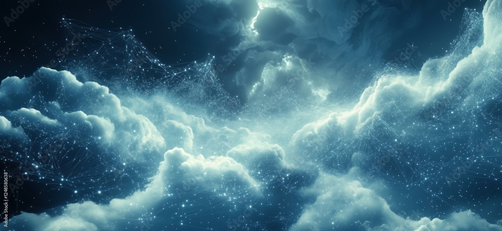 Poster cosmic cloudscape with starry network and ethereal light, copy space for text