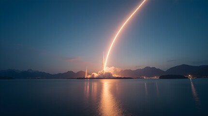Rocket Launch at Dusk: Long Exposure Photo of Spacecraft Taking Off Over Water with Mountain Backdrop - Aerospace & Technology Stock Image