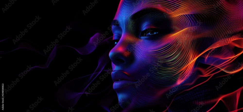 Poster vibrant abstract portrait of a woman with colorful lines and patterns, copy space for text