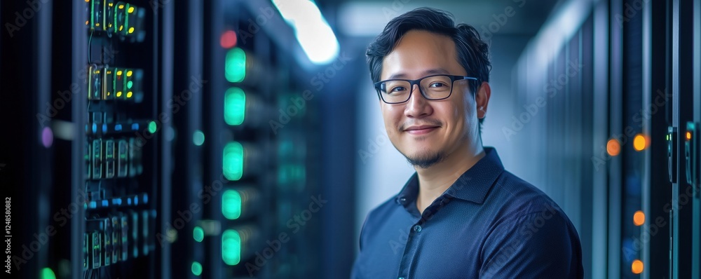 Poster data center technician smiling in server room with illuminated racks and technology equipment, copy 
