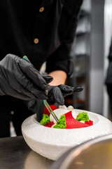 A chef in black gloves carefully garnishes a beautifully plated dish with vibrant red and green ingredients, showcasing culinary artistry in a modern kitchen setting.