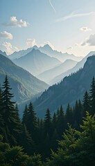 Fototapeta premium Layered Mountain Landscape: Misty Blue Peaks with Lush Green Forest, Tranquil and Scenic Nature Background with Atmospheric Perspective