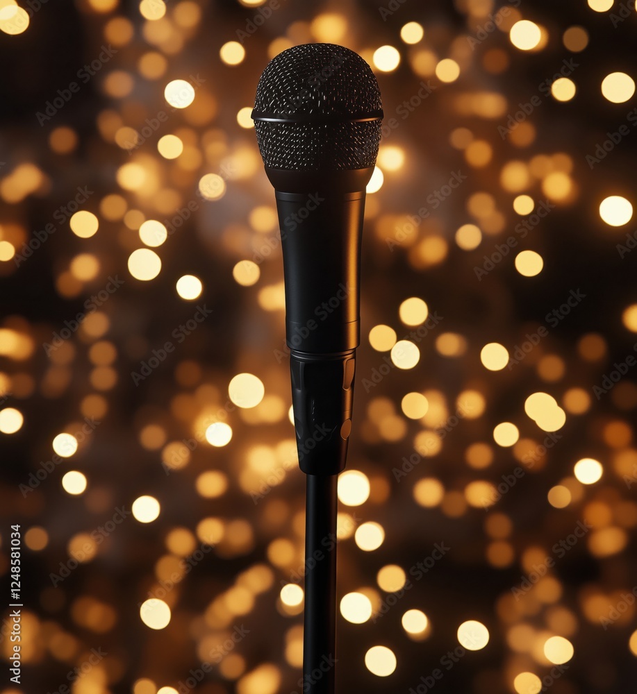 Poster microphone with bokeh background, perfect for music and performance settings, copy space for text