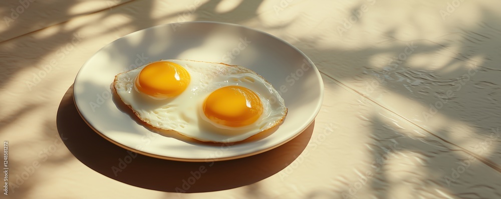 Poster fried eggs on plate with sunny side up yolks and soft shadows, copy space for text