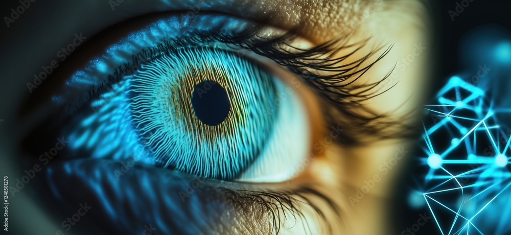Poster futuristic human eye with digital patterns and neural network connections, copy space for text