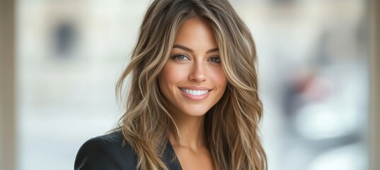 Obraz premium Portrait of a Young Professional Woman with Long Hair and a Gentle Smile, Bright Office Background
