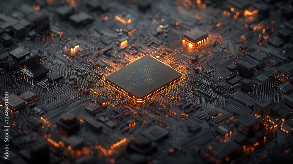 Poster futuristic circuit board with glowing microchip and intricate connections