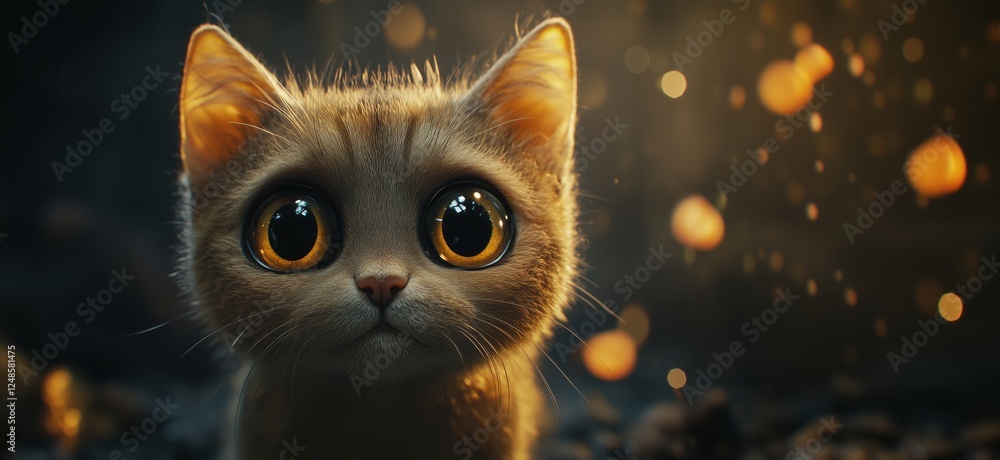 Poster adorable kitten with large expressive eyes surrounded by glowing orbs in a mystical setting, copy sp