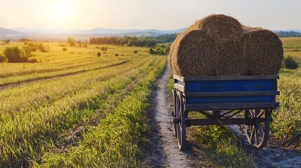 Rustic wooden cart filled with hay bales on a sunlit rural path through golden fields