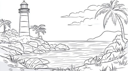 Tropical Coastline Lighthouse Seascape Coloring Page