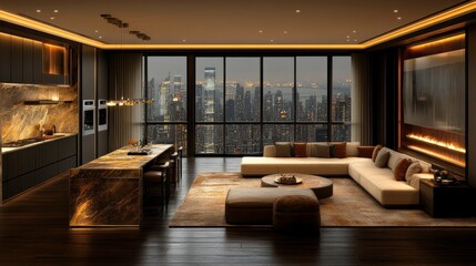 Fototapeta premium Luxury Penthouse Apartment with City View at Night