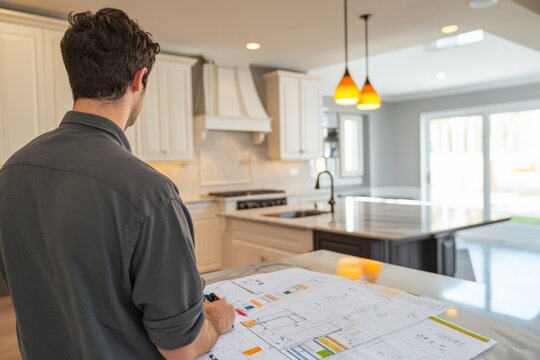 Homeowner reviews detailed cost breakdown in modern kitchen design. Generative AI