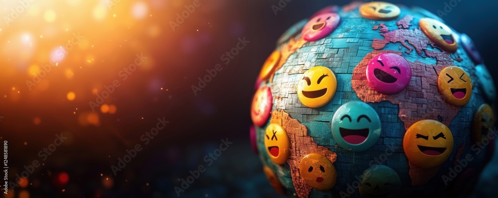 Poster colorful globe adorned with smiling emojis representing global happiness and unity, copy space for t