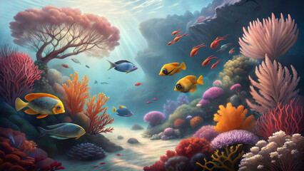 Obraz premium Vibrant coral reef with tropical fish in a magical underwater scene