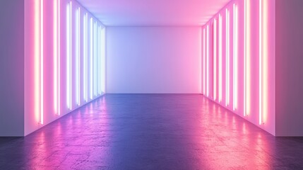 Modern 3D Rendering of a Minimalist White Wall Background with Colorful Neon Light Strips Creating a Futuristic Atmosphere for Creative Projects