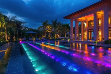 Obraz premium Nighttime luxury villa pool, colorful lights, tropical garden, relaxing vacation