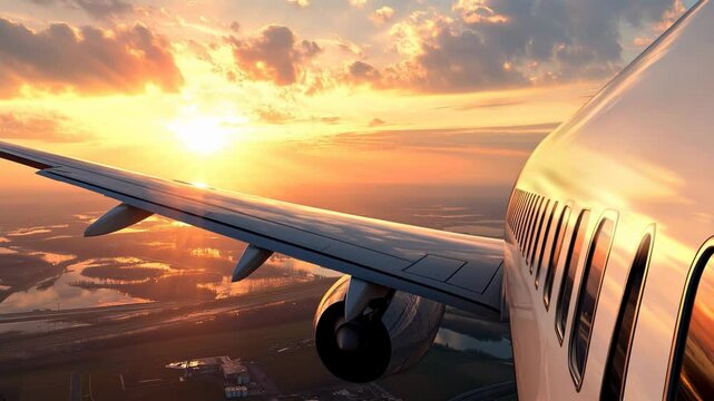 Sunset view from airplane wing during flight above scenic landscapes