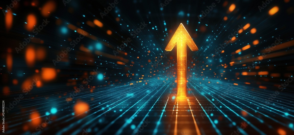 Poster dynamic upward arrow symbolizing growth, progress, and digital transformation with glowing particles