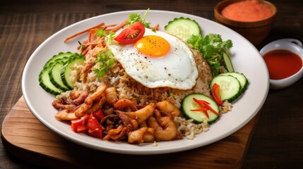 Exquisite fried rice dish crowned with a sunny-side-up egg and fresh garnishes