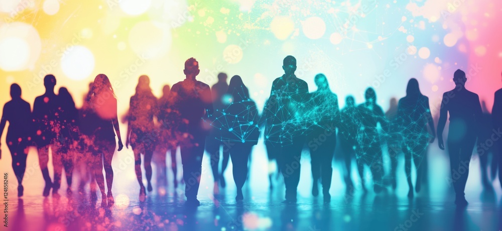Aufkleber silhouetted figures walking towards a colorful abstract background with digital connections, copy sp