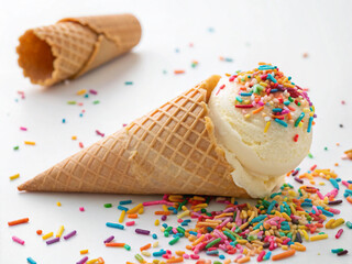 a fun and colorful ice cream cone lying on a bed of rainbow sprinkles