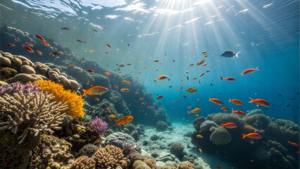 Obraz premium Vibrant coral reef with colorful fish in clear ocean waters