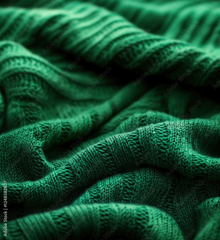 Poster textured green fabric showcasing intricate knit patterns and soft draping, copy space for text