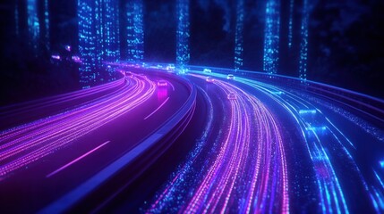 Night Highway Cars speeding, futuristic city backdrop