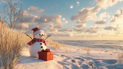 Happy snowman with red gift box on snowy beach at golden sunset, winter beach Christmas scene with falling snowflakes