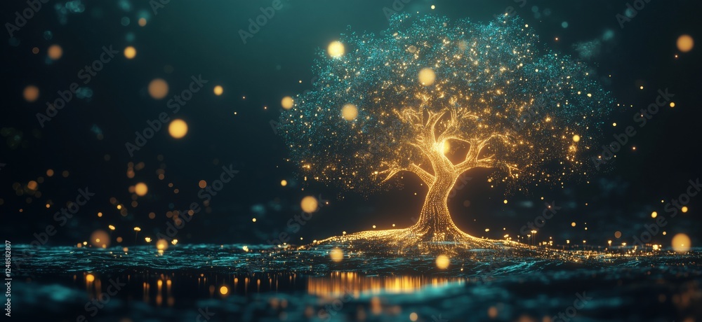 Poster glowing digital tree with sparkling lights in serene environment, copy space for text