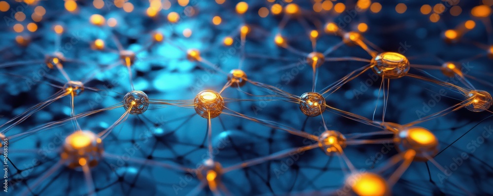 Poster Abstract representation of interconnected nodes and networks with glowing elements, copy space for text
