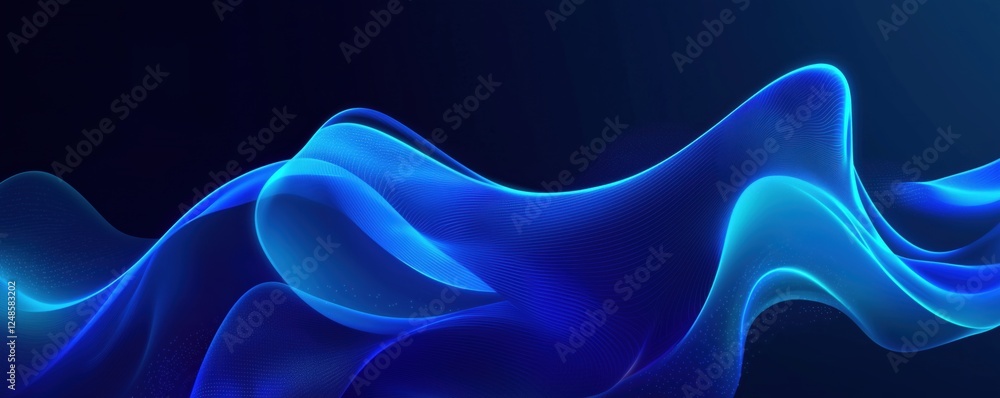 Poster abstract blue wave background with smooth flowing curves and glowing effects, copy space for text