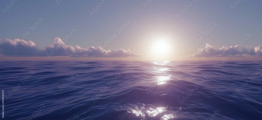 Poster serene ocean sunset with gentle waves and soft clouds in the sky, copy space for text