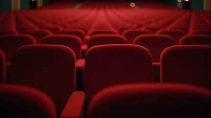 Empty Red Theater Seats Rows: Classic Cinema Interior, Auditorium Seating for Moviegoers, Dramatic Perspective, Entertainment Venue Photo