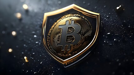 A metallic shield with a Bitcoin coin in the center.  symbolizing Bitcoin security, protection, Cryptocurrency security, Bitcoin protection, digital finance, blockchain safety, cybersecurity.