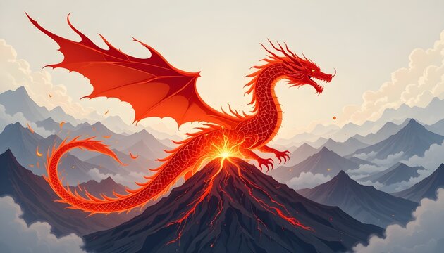 Witness the awe-inspiring power of a fiery dragon soaring above volcanic mountains. Perfect for fantasy art enthusiasts and adventure themes.