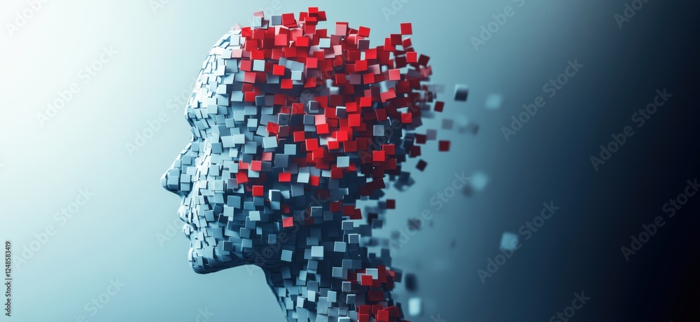 Poster abstract representation of human head made of cubes symbolizing digital transformation, copy space f