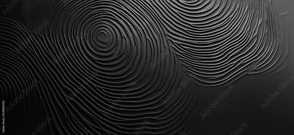 Poster textured black wall with intricate wave patterns and grooves for modern design, copy space for text