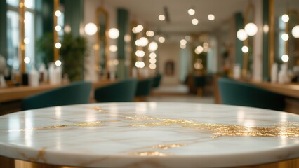 Fototapeta premium Glossy marble table surface on cosmetic blurred background of beauty salon, hairdresser. Background for presentation of skin and hair care products.